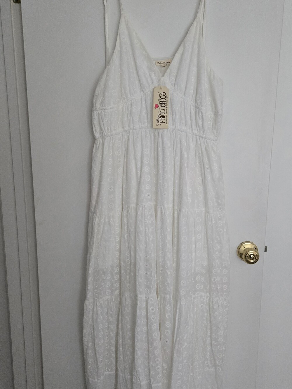 Southern Fried Chics White Eyelet Maxi Dress with Spaghetti Straps - Picture 3 of 9